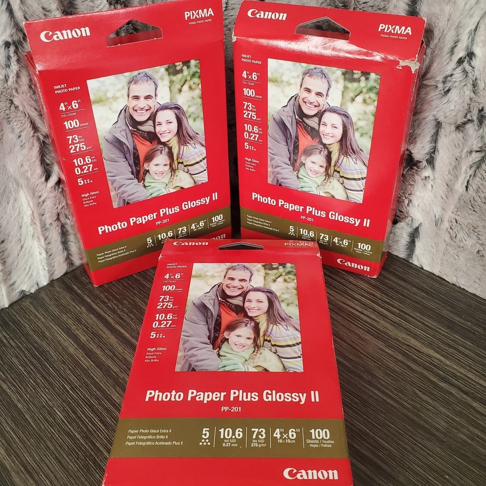 Set of 3 Canon Photo Paper Plus Glossy II PP-201 4"x6" - 300‎ Sheets Total. New!